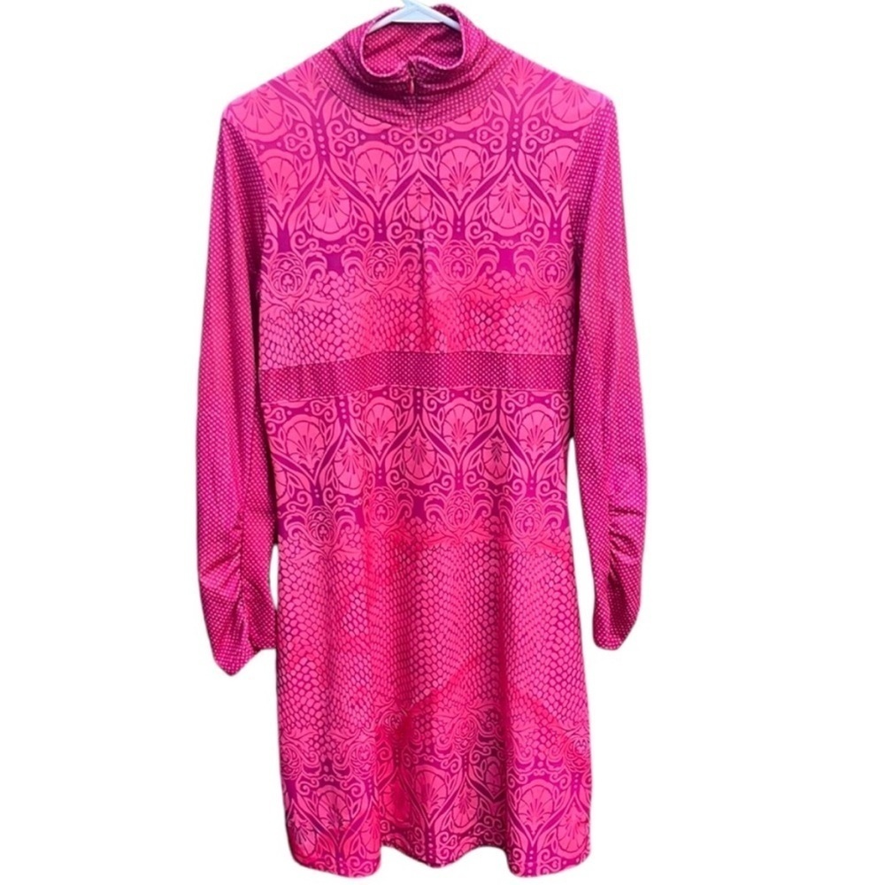 Prana Stretch Zip Neckline Multi Pattern Ruched Long Sleeve Dress Size Medium